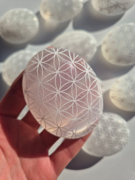 Selenite Palm Stones Flower of Life