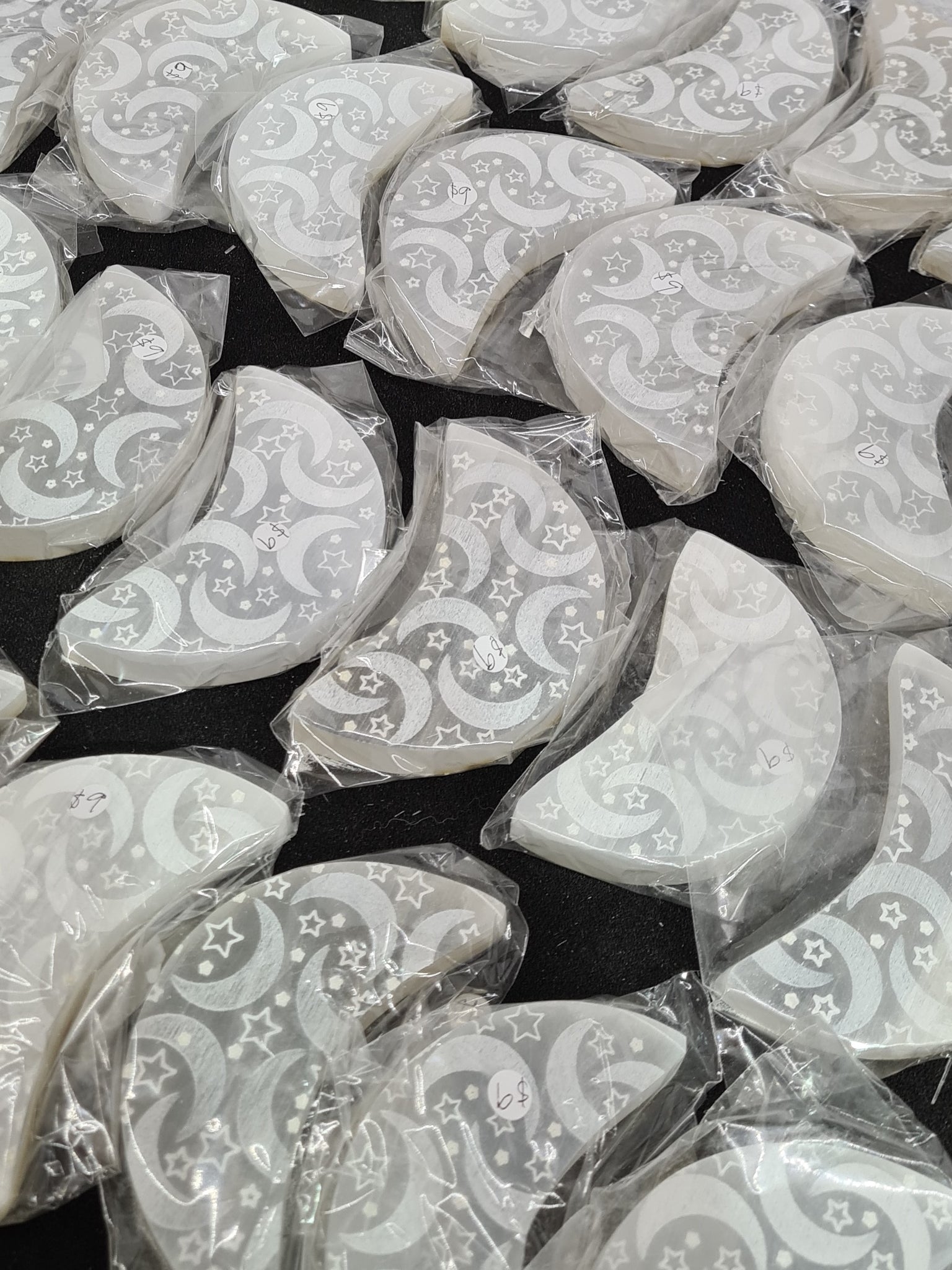 Star & Moon Etched Selenite Moons